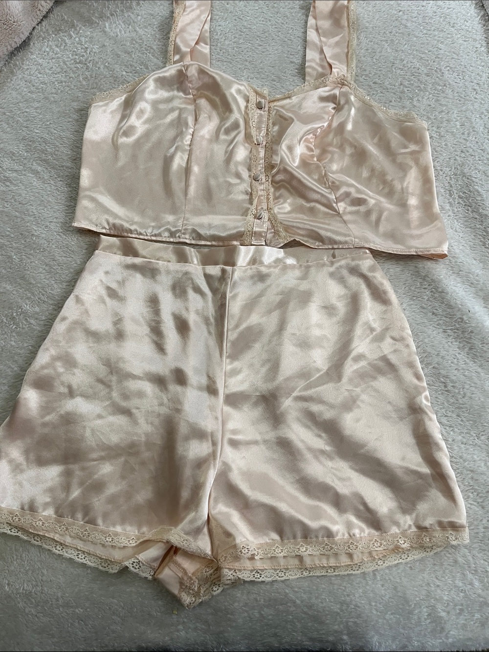 delicates Satin Lace-Trim Crop Top & High-Waist Shorts - Blush Cream